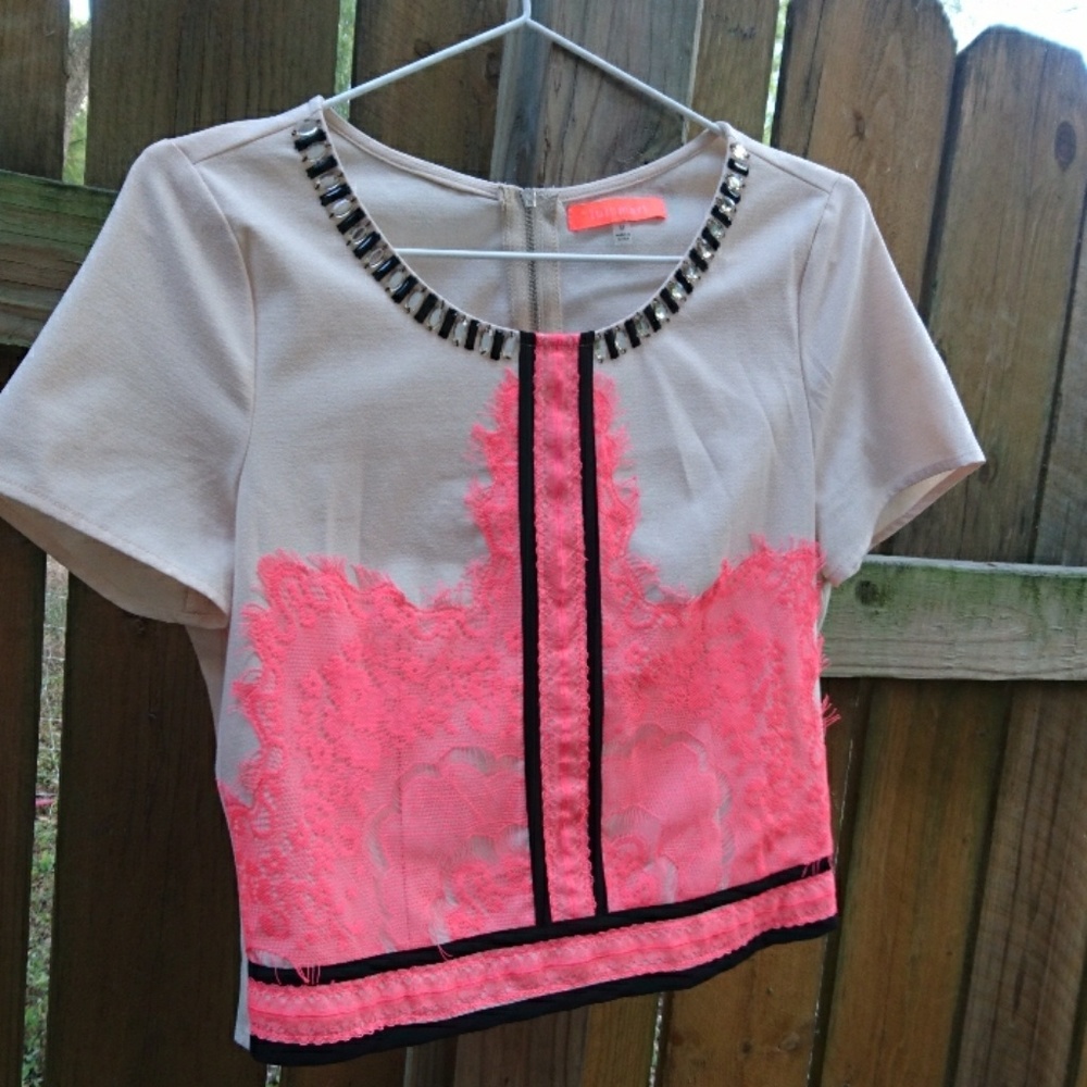 Unique taupe, black and hot pink lace blouse